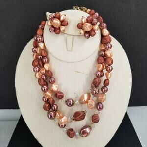 Vintage 3 Strand Necklace Jewelry and clip on earrings Necklace Beads